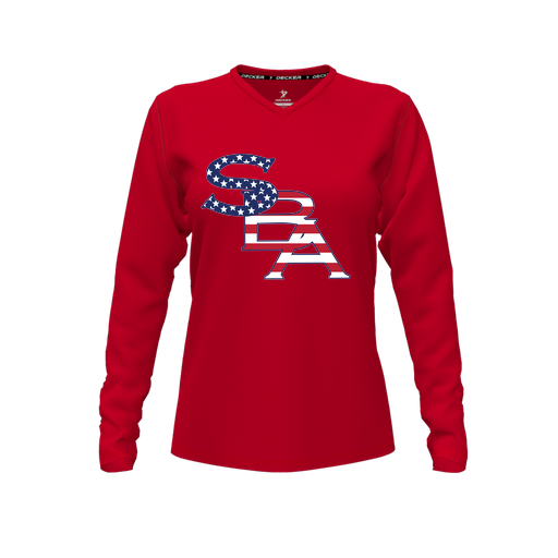 [CUS-DFW-TEES-CMF-VNK-LSL-RED-FYXS-LOGO1] Decker Comfort T-Shirt (Female Youth XS, Red, V Neck, Logo 1, Long Sleeve)